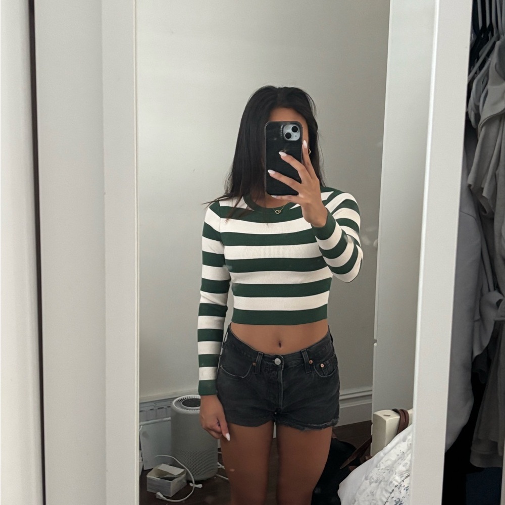 Zara Green and White Striped Cropped Long-Sleeve Top